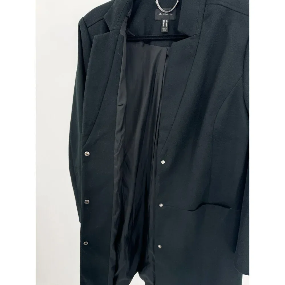 H BY HALSTON Black Snap Front Long Modern Minimalist Peacoat Coat Size 14